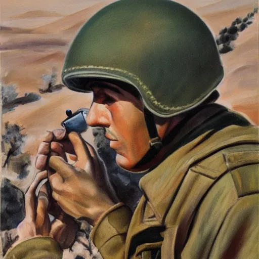 Image similar to medium shot painting of an italian soldier texting a letter to his beloved in wwII, behind him the desert of El Alamein