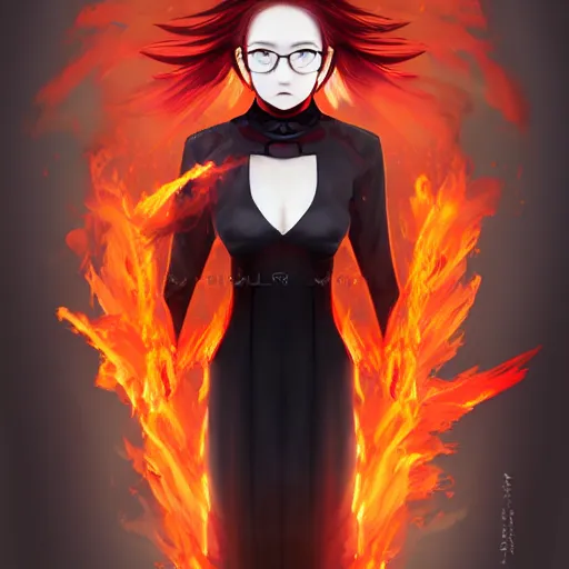 Image similar to advanced digital portrait painting photograph, a teenage anime girl wearing a dress made of fire , full body, very long black and red hair, silver eyes, full round face, intense stare, cinematic lighting, medium shot, MCU, highly detailed, trending on artstation, CSP, Photoshop, WLOP, Rossdraws, James Jean, Andrei Riabovitchev, Marc Simonetti, Anastasia Ovchinnikova and Sakimichan