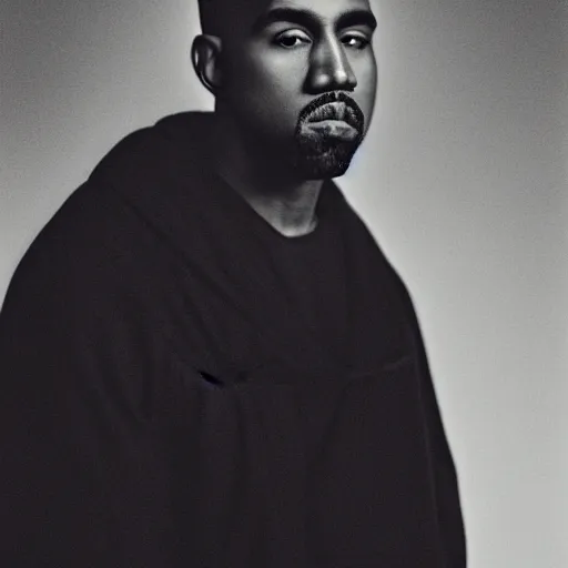 Image similar to a chiaroscuro lighting portrait of kanye west dressed in rick owens clothing, black background, portrait by julia margaret cameron, shallow depth of field, 8 0 mm, f 1. 8