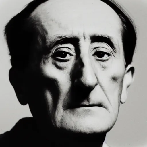 Image similar to a close - up pensive portrait of marcel duchamp in the style of hito steyerl and shinya tsukamoto and irving penn