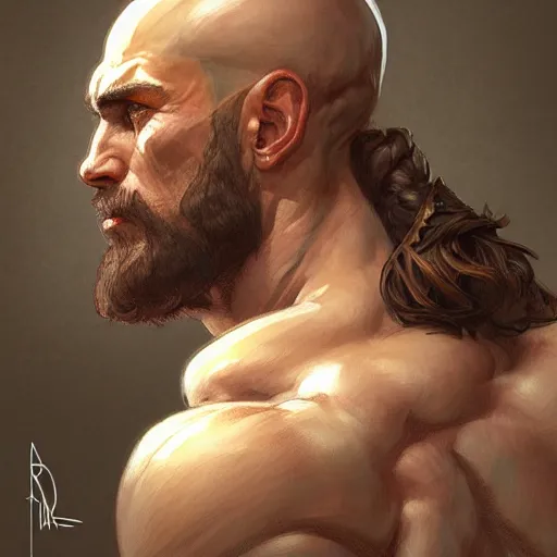Image similar to portrait of the back of rugged male ranger, masculine, D&D, muscular, fantasy, intricate, elegant, highly detailed, digital painting, artstation, concept art, smooth, sharp focus, illustration, art by artgerm and greg rutkowski and alphonse mucha