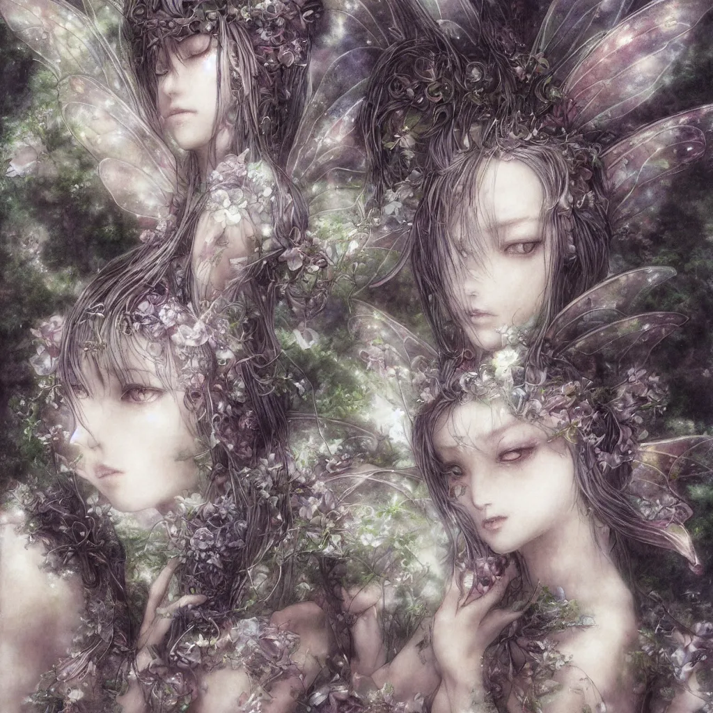 Prompt: focused portrait of a nymph fairy by yoshitaka amano