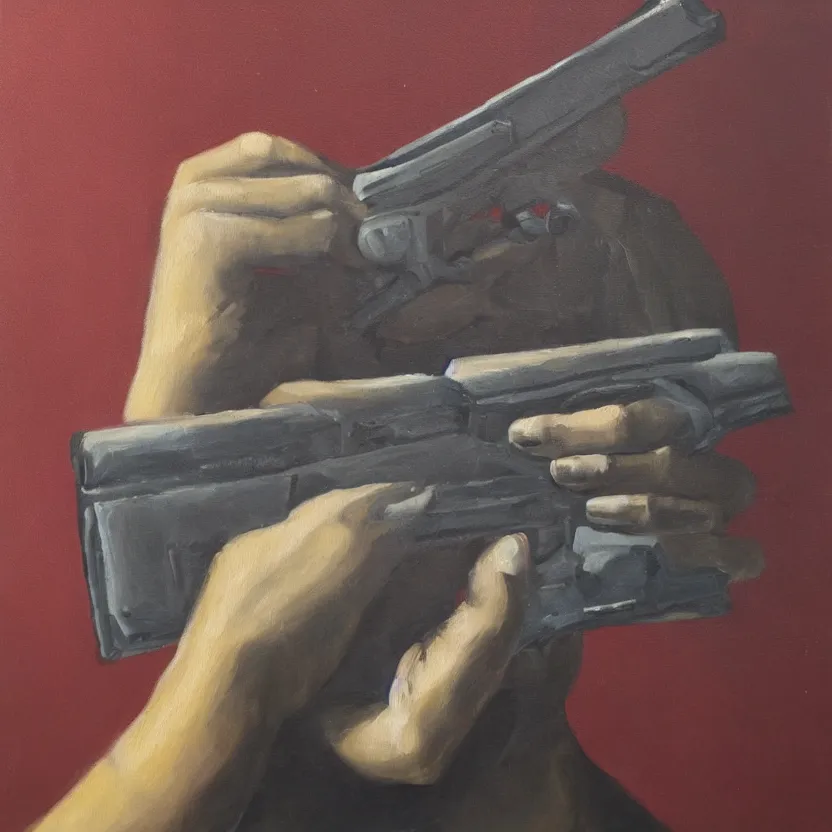 Image similar to oil painting of a human hand holding a gun