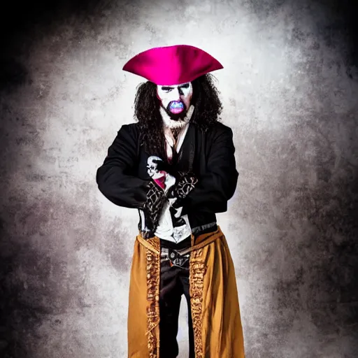 Image similar to grim-hatter, professional photoshoot, pirate on the black pearl, neochrome acid colors