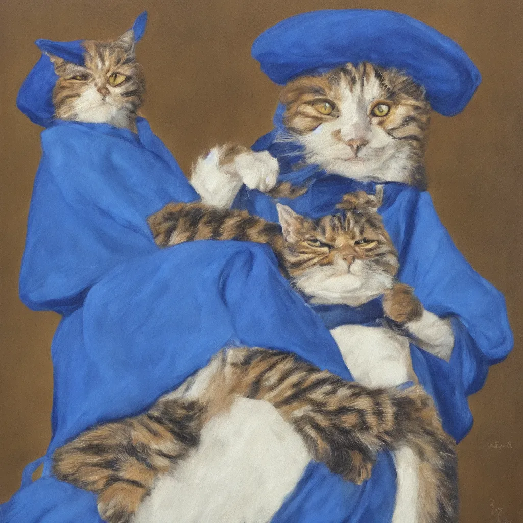 Prompt: oil painting portrait of a cat wizard wearing blue robes