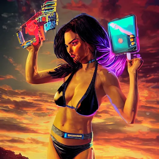 Image similar to a portrait of beautiful, mischievous, young woman in neon bikini by sandra chevrier, detailed render, epic composition, cybernetics, 4 k realistic, cryengine, realistic shaded lighting, sharp focus, masterpiece, by matteo scalera, gary montalbano, peter elson in the style of the tokyo ghost comic