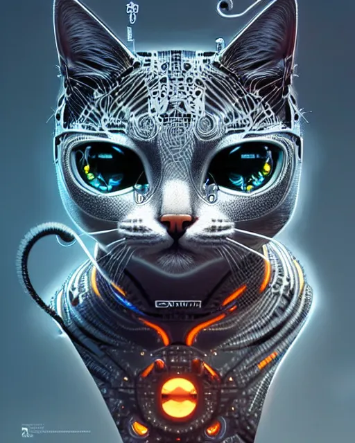 Image similar to A cyborg cat, highly detailed, intricate robotic and electronic patterns, sharp focus, art by Artgerm and Greg Rutkowski and WLOP