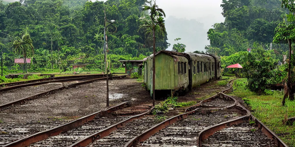 Prompt: abandoned sri lankan train station, cats, rain, mud, greenery, photograph