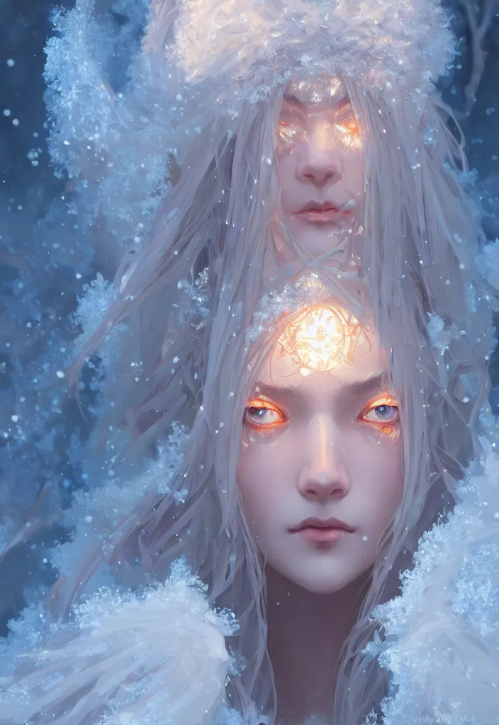 Image similar to beautiful ancient frost witch, eye fire, snow glow, snowfall, highly detailed, digital painting, artstation, sharp focus, illustration, art by tan zi and ayanamikodon and alphonse mucha and wlop