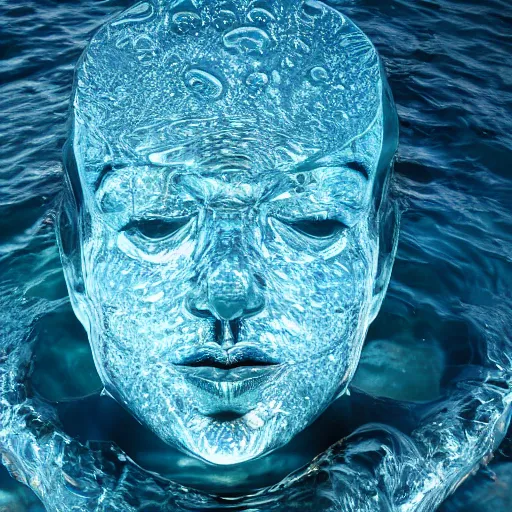 Prompt: a water sculpture in the shape of a human head, on the ocean water, cinematic, in the style of johnson tsang, long shot, hyper detailed, hyper realistic, ray tracing, 8 k resolution, sharp focus, realistic water, award winning