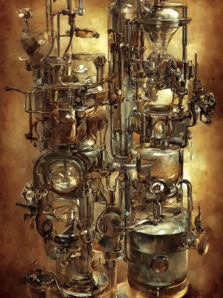 Image similar to old mechanical coffee machine, by Simon Stalenhaag, by Yoshita Amano, by Esao Andrews, sharp focus, fresh colors, deviantart, conceptart