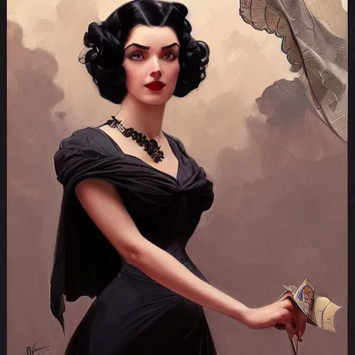 Image similar to a woman with black hair, dressed in 1940's fashion, D&D, fantasy, intricate, elegant, highly detailed, digital painting, artstation, concept art, matte, sharp focus, illustration, art by Artgerm and Greg Rutkowski and Alphonse Mucha