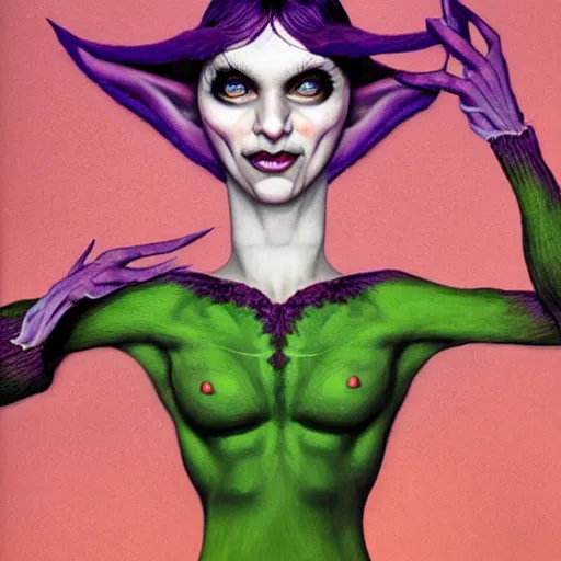 Image similar to a frightening, beautiful elf with violet skin, a scarred face, a bob haircut, and bushy eyebrows, smirking, in the style of jason edmiston