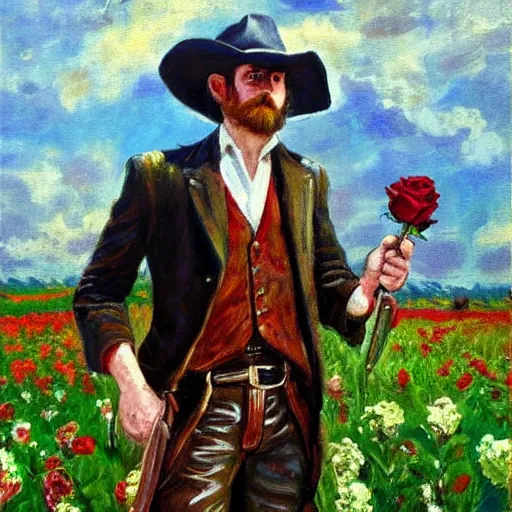 Prompt: an impressionist painting of a tall man with blue eyes that is wearing a cowboy hat and a leather vest. He is holding a revolver in his left hand and a rose is in his right hand. He is standing in a field of roses.