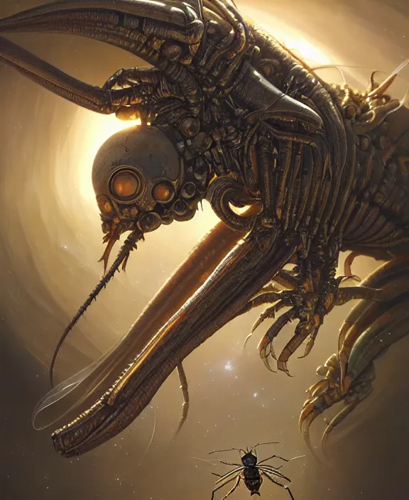 Image similar to portrait of a alien insect, adorable, childlike, milky way environment, ultra realistic, concept art, intricate details, cheerful, highly detailed, photorealistic, octane render, 8 k, unreal engine. art by christopher marley and artgerm and hr giger and greg rutkowski and alphonse mucha