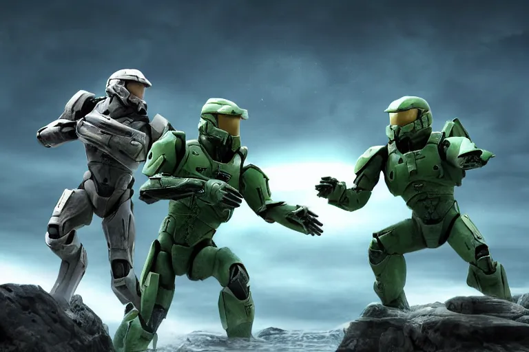 Prompt: a photo of master chief and squidward fighting each other, photorealistic, hd, 8 k