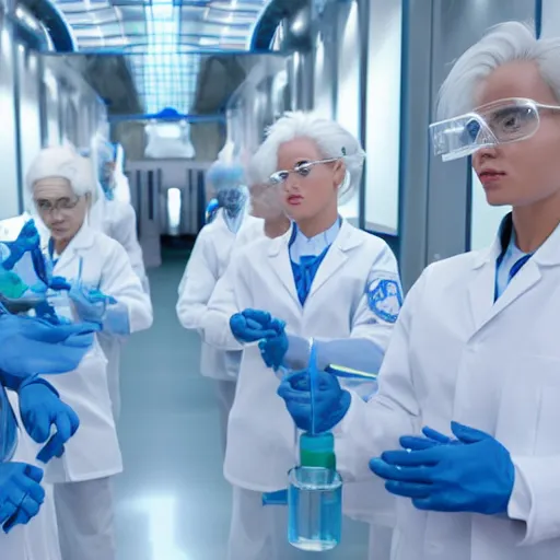 Image similar to line of derpy women with white hair, tight light blue neopren space uniforms, futuristic chemistry lab, sci - fi, highly detailed, cinematic