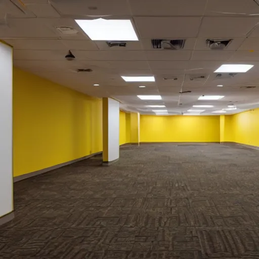 Image similar to empty 9 0 s office building with no windows doors or furniture. the building has brown carpet and yellow wallpaper