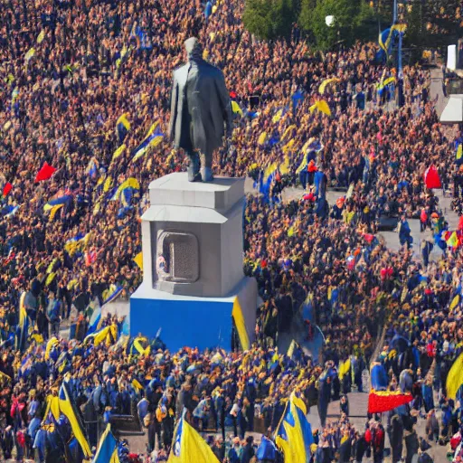 Image similar to a crowd of people with ukrainian flags throw down a statue of vladimir lenin, leica sl 2 5 0 mm, vivid color, high quality, high textured, real life