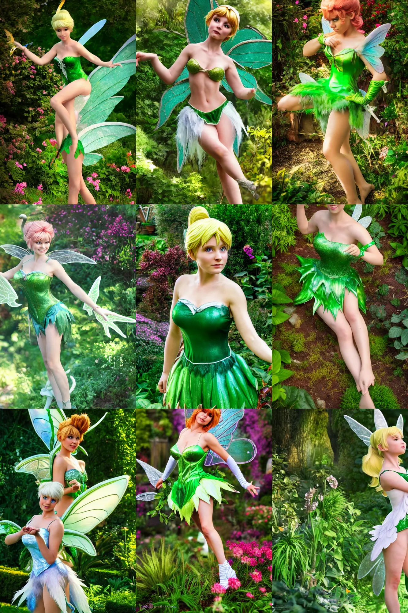 Image similar to a highly detailed and realistic photo of the tinker bell fairy cosplay on a garden, artstation, 4 k, correctly anatomy, good light