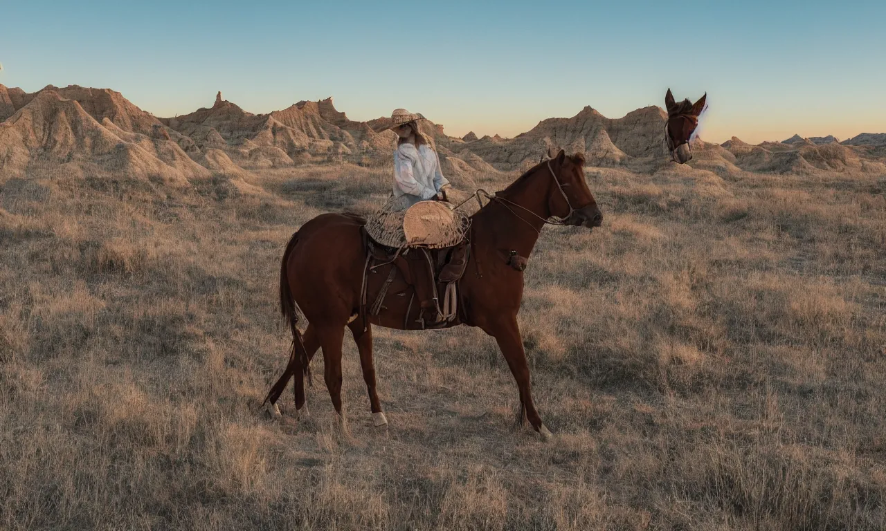 Prompt: A trend in the direction of where the sun sets is spurring creatives around the globe to tip their 10-gallon hats, saddle up, and mosey on out to the Badlands.