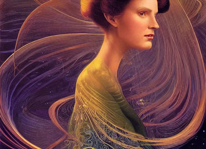 Image similar to portrait of a woman with swirling hair, illustration by James C. Christensen, retrofuturism, reimagined by industrial light and magic