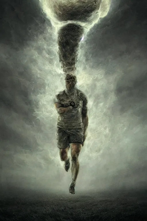 Prompt: Intricate stunning highly detailed portrait of a rugby player by agostino arrivabene and Vladimir Kush, surreal, digital painting, ultra realistic, Horror vacui, dramatic lighting, full moon, thick black swirling smoke tornado, burning fire embers, artstation