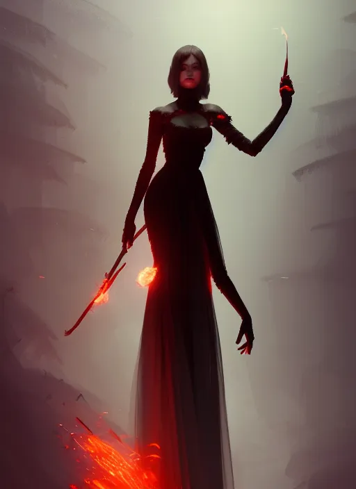 Image similar to satan daughter wearing gown, full body, pyromancer, intricate, elegant, highly detailed, digital painting, artstation, concept art, smooth, sharp focus, illustration, ethereal, misty, by ilya kuvshinov and jeremy mann, 8 k, octane render