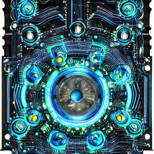 Prompt: bioluminescent ancient cybernetic quantum computer valve body, sharp focus, hyper detailed masterpiece