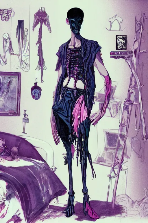 Image similar to a skinny goth guy standing in a cluttered 9 0 s bedroom, full body character concept art, vaporwave colors, gerald brom art,