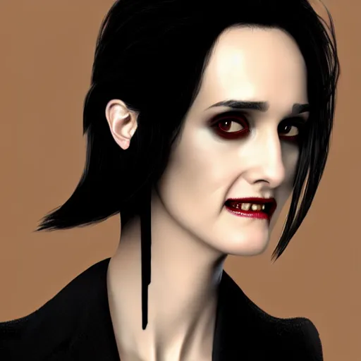 Prompt: <https://s.mj.run/p_nKgggIaZI> gorgeous female Winona Ryder vampire sharp teeth in a confident robe, realistic character concept, medium shot, elegant pose, horror, illustration, slender symmetrical face and body, symmetrical eyes, artstation, cinematic lighting, hyperdetailed, cgsociety, 8k, high resolution, Tom Bagshaw, Rafael Albuquerque, single face, insanely detailed and intricate, beautiful, elegant, dark blue background