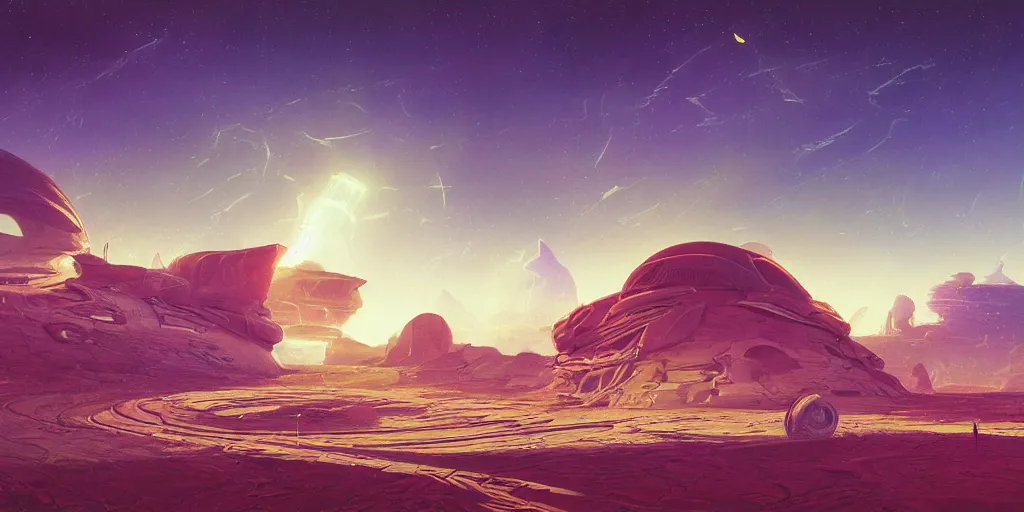 Image similar to the sands of time, a highly detailed cinematic oil painting by roger dean and alena aenami, crashed spaceship!!, dynamic lighting