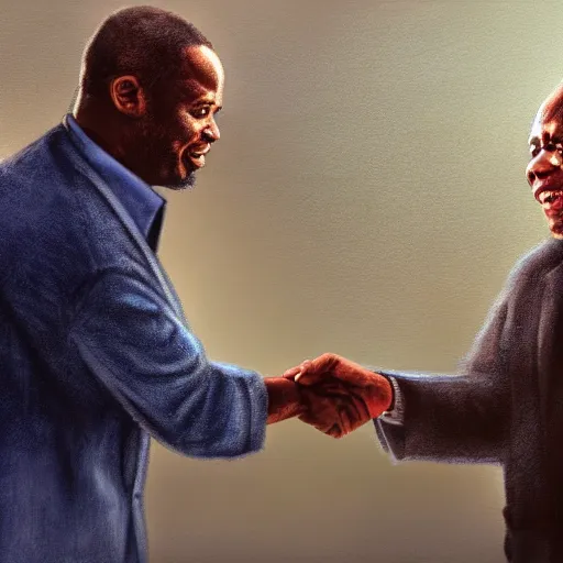 Prompt: charles white jr. offering a handshake towards the camera, cinematic, gloomy background, realistic, digital art, character art, 8 k