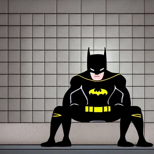 Prompt: dramatic angle drawing of constipated batman sitting on a toilet with pants down, sweating, tiny room with dirty wall tiles, by hayao miyazaki, super detailed, 4 k