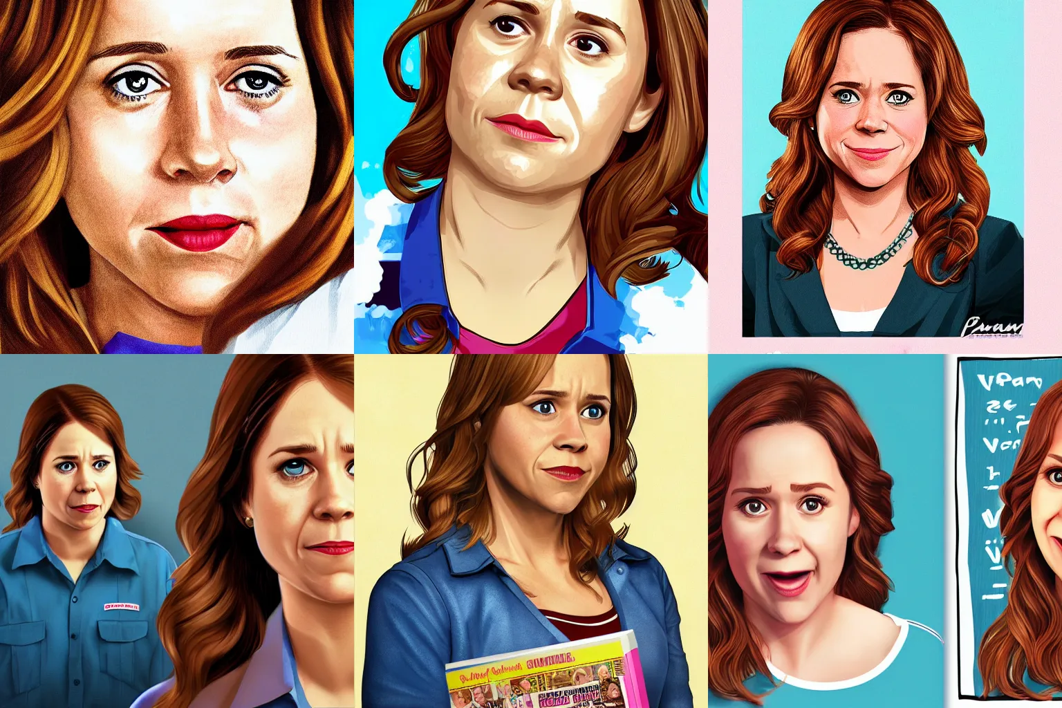 Prompt: illustrated portrait of Pam Beesly from the Office played by Jenna Fisher by Anthony Macbain, GTA V cover art