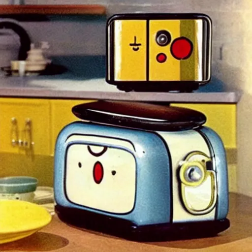 Prompt: a cute brave little toaster from outer space in a dreamy 1950’s kitchen