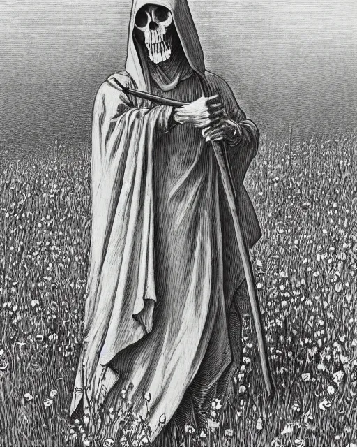 Image similar to faceless grim reaper with veil over face holding scythe at distance in beautiful meadow of flowers, detailed pencil illustration by gustave dore, highly detailed, centered, high resolution, smooth, sharp focus, illustration