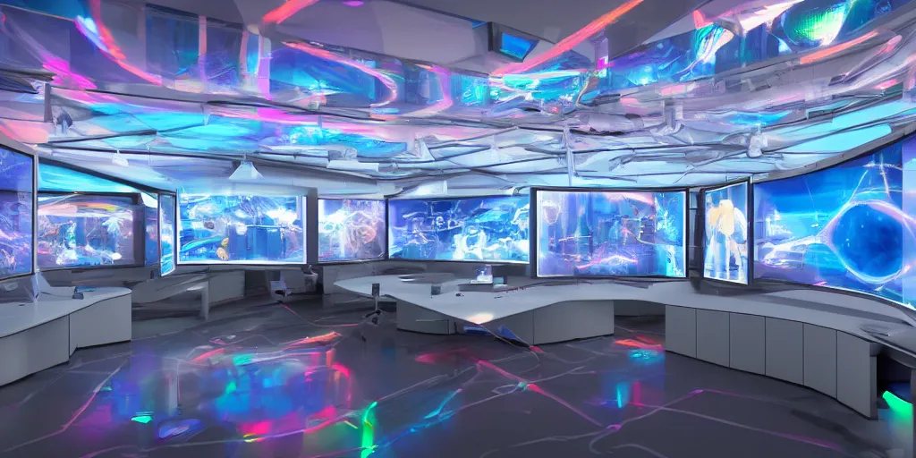 Image similar to science lab illuminated by holographic screens showing scientific images, control panels, reflections, descent high quality octane rendering, 8K