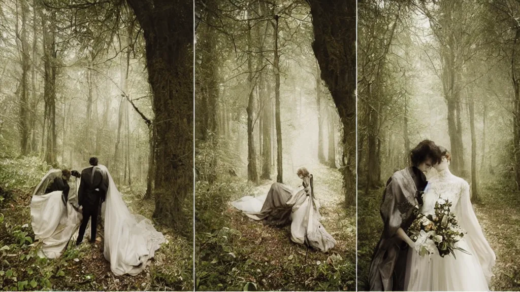 Image similar to surreal atmospheric vogue wedding photography in a forest by paolo roversi, realistic