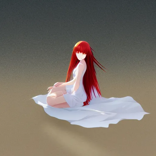 Image similar to Detailed anime visual if japanese girl with long red hair in a white silky dress sitting in the sand on a beach at sunset