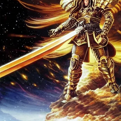 Image similar to The emperor of mankind in golden armor, with long black hair, holds a plasma sword. On the background of the battle on the planet. Futuristic style, super detail.