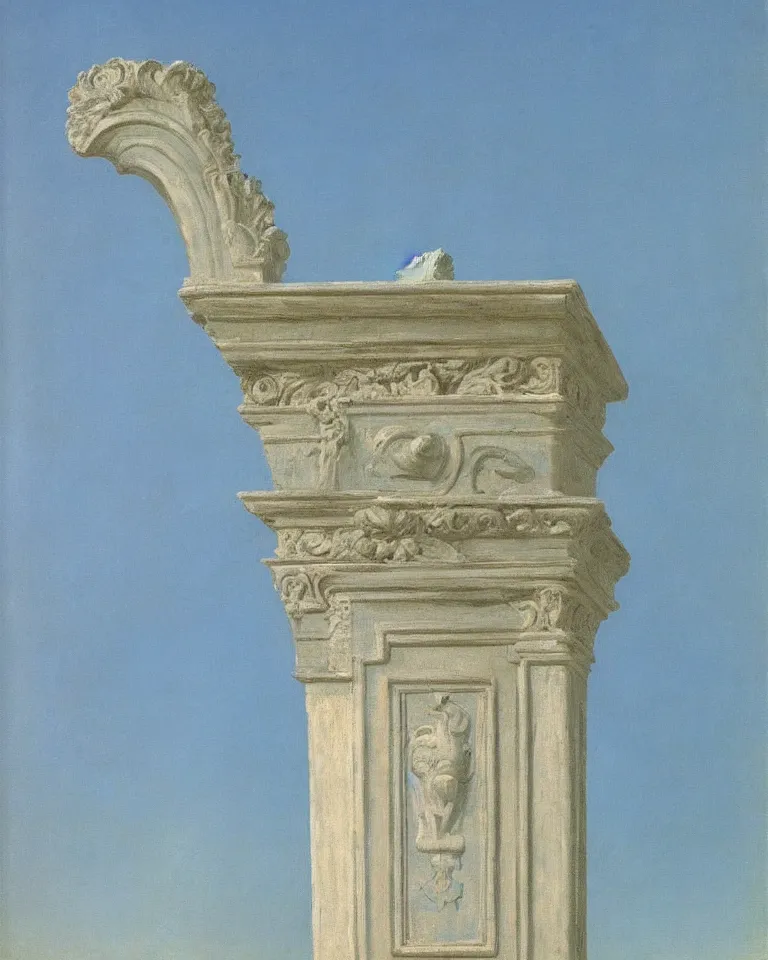 Prompt: achingly beautiful painting of intricate ancient roman corinthian capital on a baby blue background by rene magritte, monet, and turner.