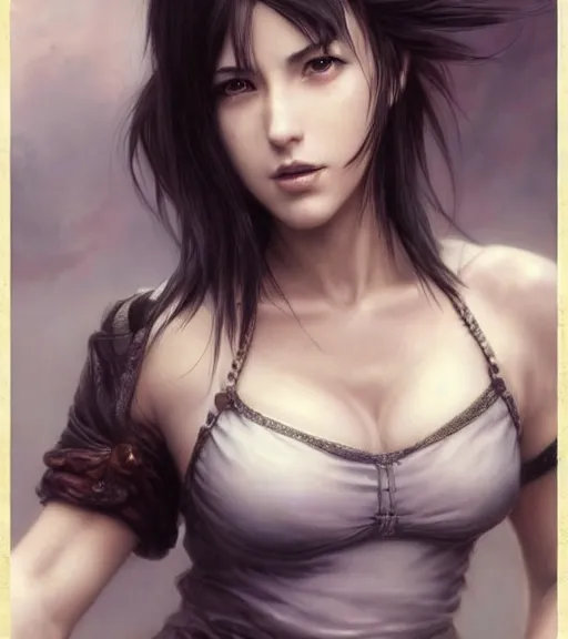 Prompt: beautiful Tifa Lockhart from FF, beautiful gorgeous, photo realistic, 8k, epic, ultra detailed, by Gustave Doré, by Marco Turini, by Artgerm, Deviantart in the style of Tom Bagshaw, Cedric Peyravernay, Peter Mohrbacher by William-Adolphe Bouguereau, by frank frazetta, symetrical features, joyful