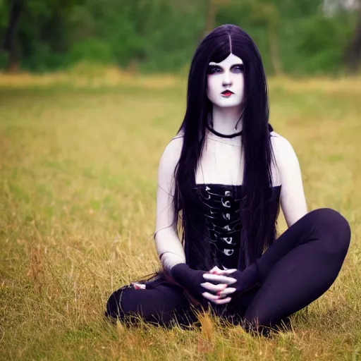 Image similar to full - length photo, young woman, sitting on her knees, gothic clothes, 4 k, colourful