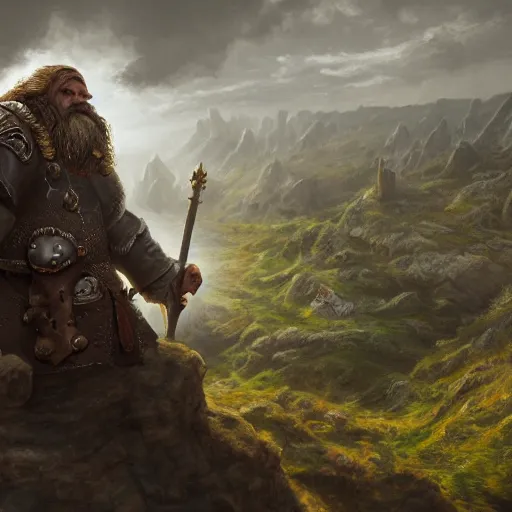 Prompt: A Dwarf clad in armor near the edge of a cliff that overlooks a small village, breathtaking shot, high details, medieval fantasy illustration, dark atmosphere, award winning, realistic art style, 8k resolution, trending on artstation