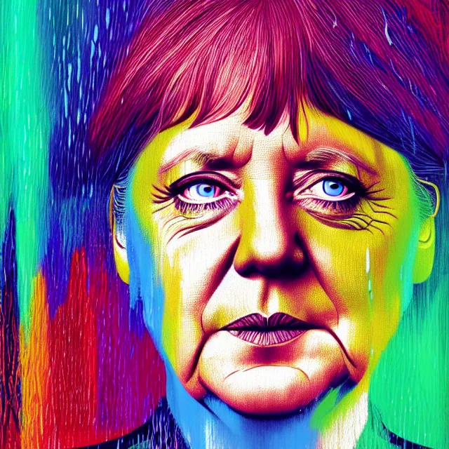 Image similar to bright portrait of Angela Merkel, LSD rain on face and wet hair, diffuse overhead lighting, fantasy, intricate, elegant, dramatic lighting, highly detailed, lifelike, photorealistic, digital painting, artstation, illustration, concept art, smooth, sharp focus, art by John Collier and Albert Aublet and Krenz Cushart and Artem Demura and Alphonse Mucha