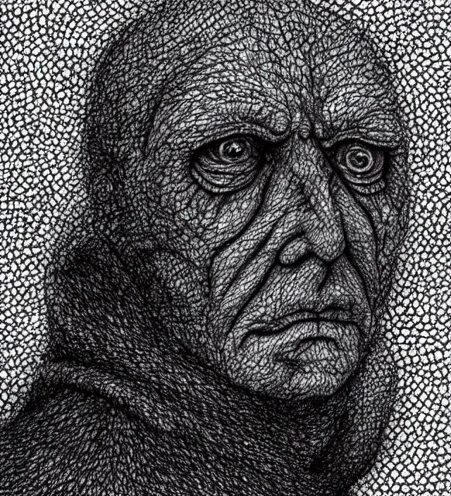 Prompt: close up portrait photo of snoke from star wars, cinematic lighting, sharp focus, close up photo digital colored stipple by edward gorey and guy denning