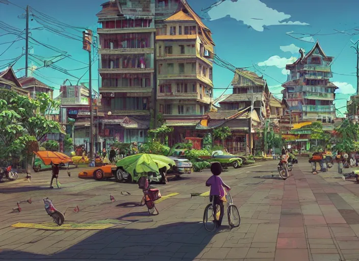 Prompt: bangkok townsquare, without human, empty street, summer morning, very coherent and colorful high contrast, art by gediminas pranckevicius, geof darrow, makoto shinkai, dark shadows, hard lighting