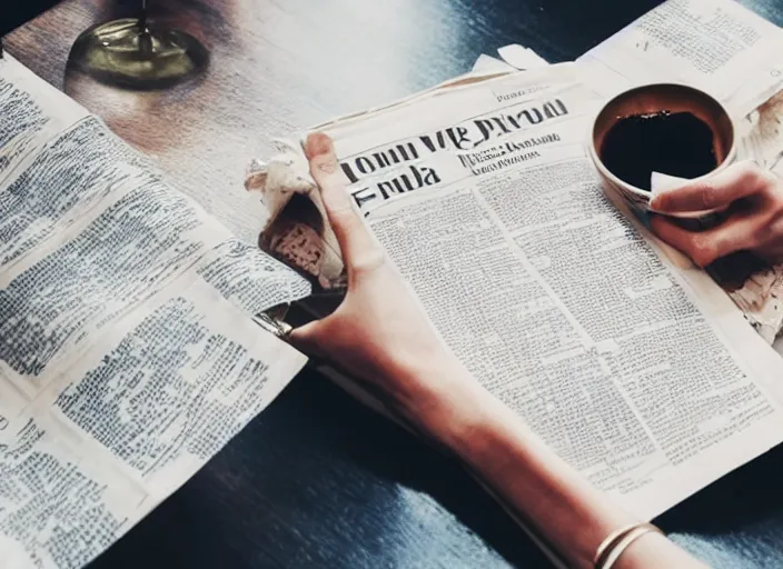 Prompt: film still. screenshot. young woman. sitting at a table. holding a newspaper. extreme close up. focused on newspaper. in public cafeteria. extremely detailed. directed by christopher nolan and denis villeneuve. 4 k.