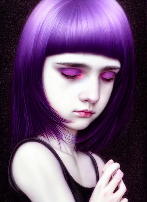 Image similar to hair blackbangs hair, white hair, blackbangswhitehair, portrait of teenage girl with black bangs, red irises, purple clothes, black bangs, bangs are white hair is black, intricate, elegant, glowing lights, highly detailed, digital painting, artstation, concept art, sharp focus, illustration, art by wlop, mars ravelo and greg rutkowski